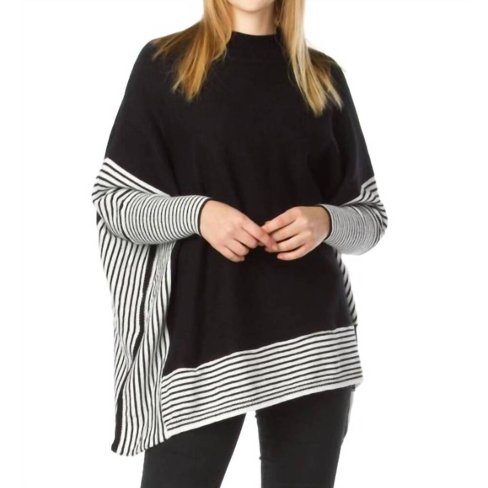 NEW PAPILLON knit sleeved poncho with stripe contrast border in black